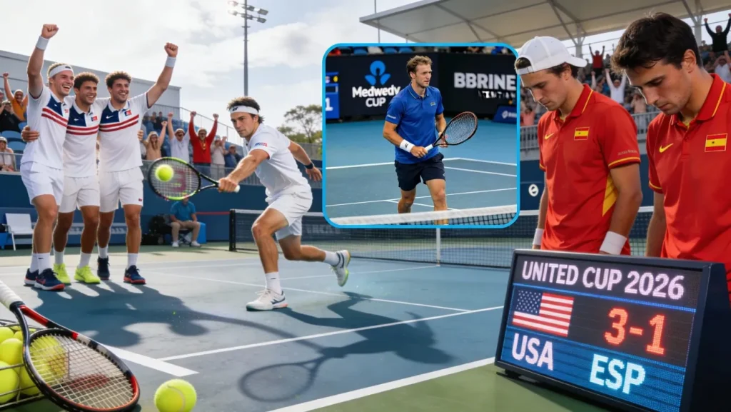 Обзор United Cup 2026: победа США над Испанией, ключевые моменты матча и уверенный старт Даниила Медведева на Brisbane International.